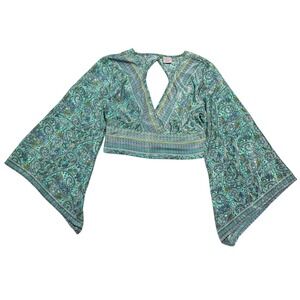 Devi Paisley Bell Sleeve Crop Top Teal One Size Womens Boho Festival Indie